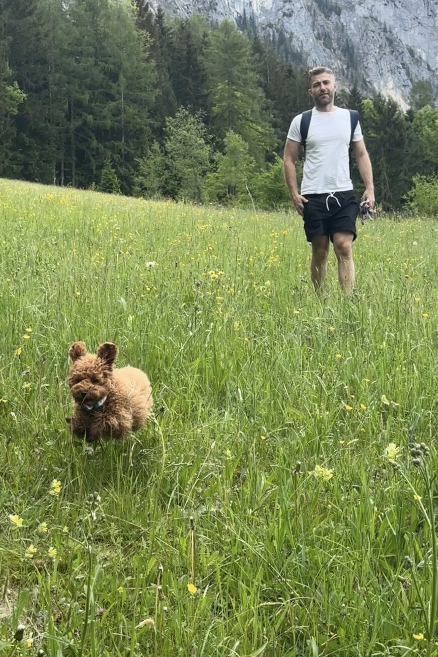 Running across an alpine meadow